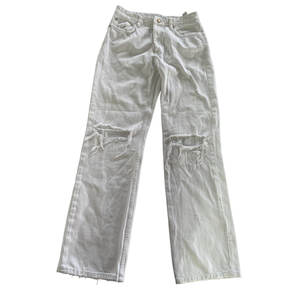 Zara Jeans Womens 6 White Wash Denim Straight Leg Distressed High Rise Cotton
